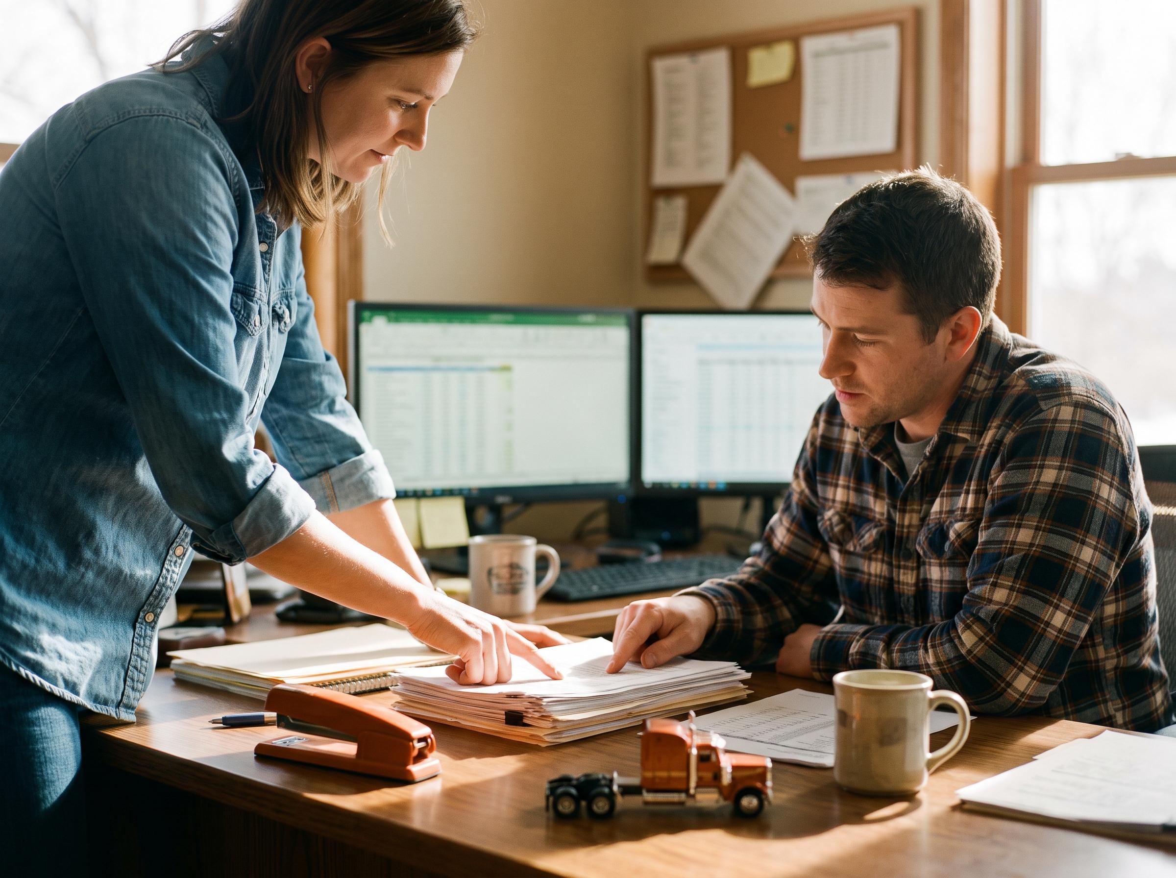 Two colleagues in a freight factoring office reviewing carrier paperwork at a desk
