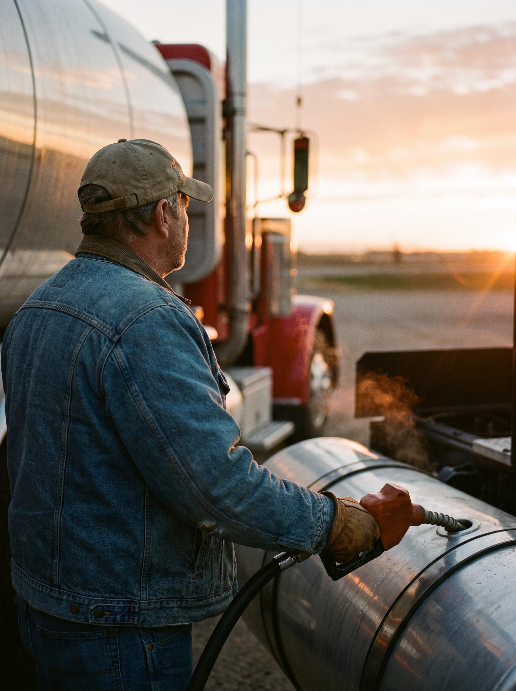 A truck driver fueling his semi with diesel at a truck stop in early morning light