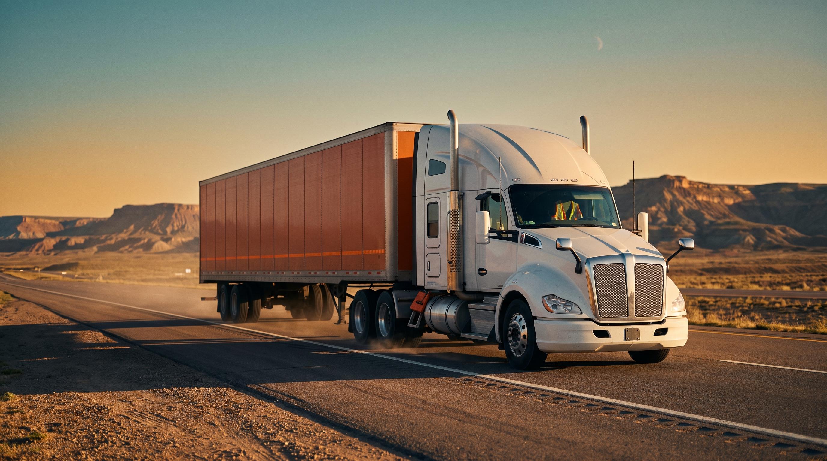 A semi truck pulling an orange trailer down an open interstate at golden hour