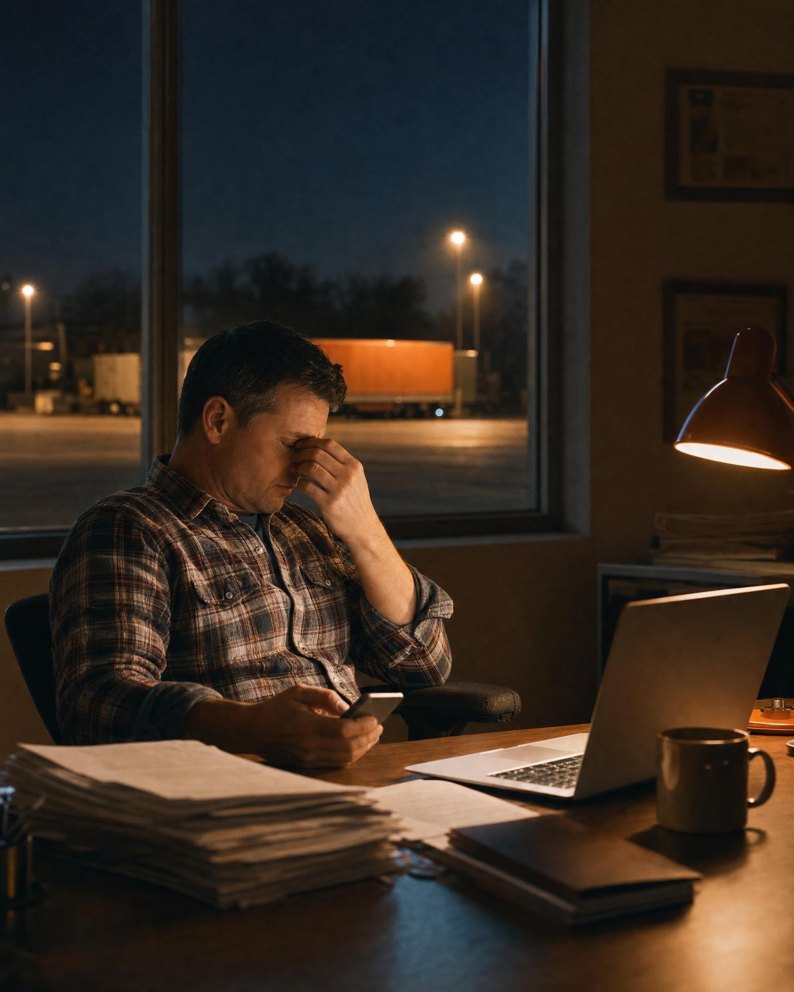A tired man in a plaid shirt sits alone at an office desk at night, pinching the bridge of his nose and holding a phone beside an open laptop, with an orange trailer under lot lights in the truck yard outside the window.