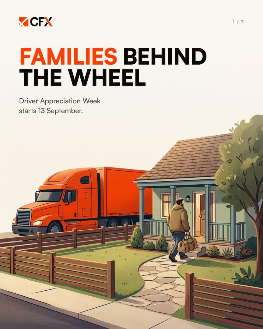 CFX carousel cover for Driver Appreciation Week, Families behind the wheel, with a driver walking up to a porch and an orange truck parked out front.