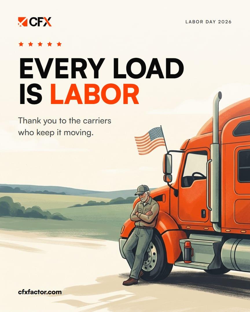 CFX Labor Day card, Every load is labor, with a driver leaning on an orange truck that has a small US flag on the mirror.