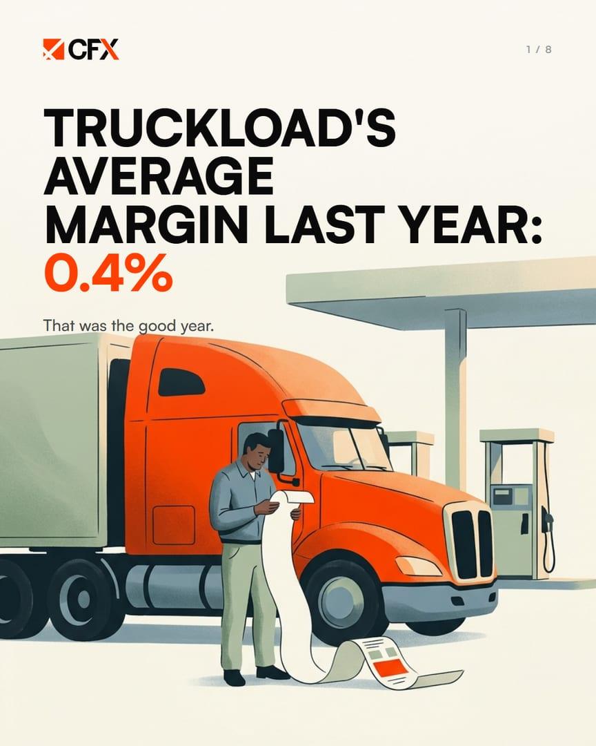 CFX carousel cover on truckload margins, with a driver reading a long receipt beside an orange truck at a fuel island.