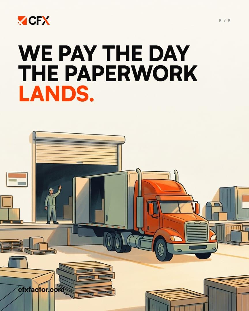 CFX carousel closing slide, We pay the day the paperwork lands, with an orange truck backed up to a loading dock.