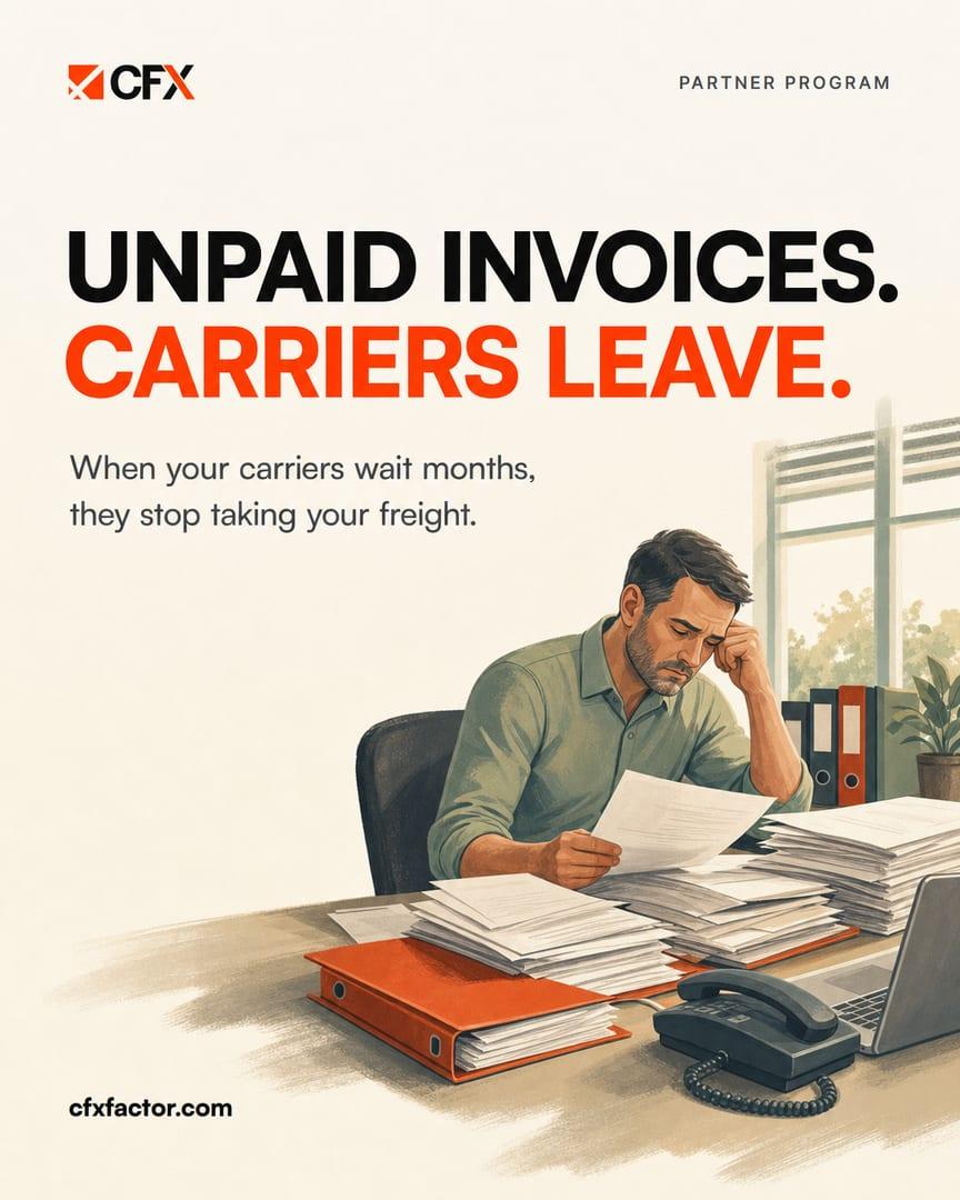 CFX partner post, Unpaid invoices, carriers leave, with an office worker reading an invoice behind stacks of paper.