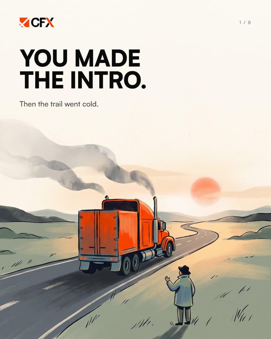 CFX partner program carousel cover, You made the intro, with a person watching an orange truck drive off toward the sunset.